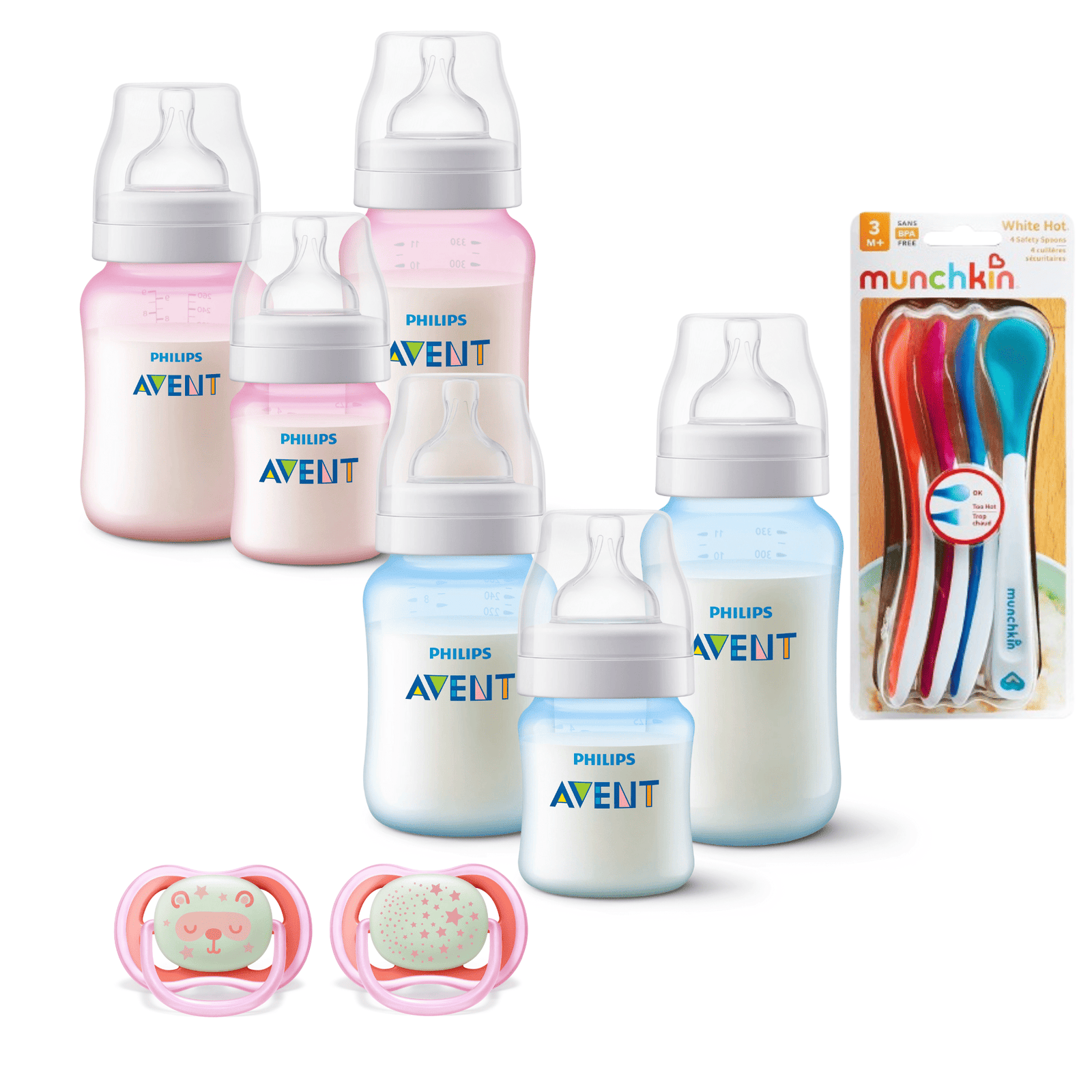 Set 6 Mamaderas Bicolor Azul y Rosa, Cucharas termosensibles y 2 Chupetes 6-18meses 1 Set 6 Mamaderas Bicolor Azul y Rosa, Cucharas termosensibles y 2 Chupetes 6-18meses