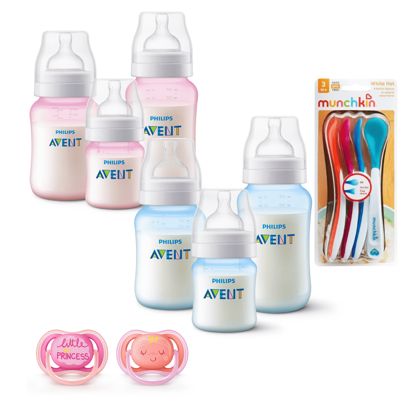 Set 6 Mamaderas Bicolor Azul y Rosa, Cucharas termosensibles y 2 Chupetes 6-18meses 1 Set 6 Mamaderas Bicolor Azul y Rosa, Cucharas termosensibles y 2 Chupetes 6-18meses