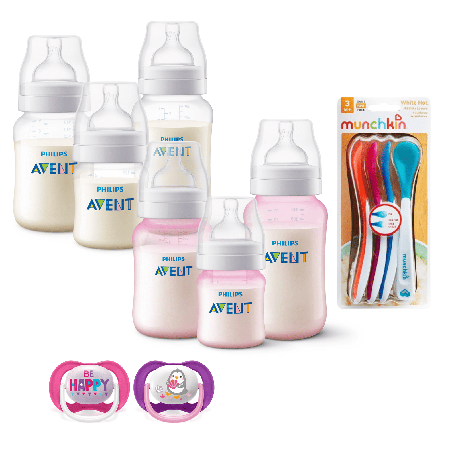 Set 6 Mamaderas Bicolor Blanco y Celeste, Cucharas termosensibles y 2 Chupetes 6-18meses 1 Set 6 Mamaderas Bicolor Blanco y Celeste, Cucharas termosensibles y 2 Chupetes 6-18meses
