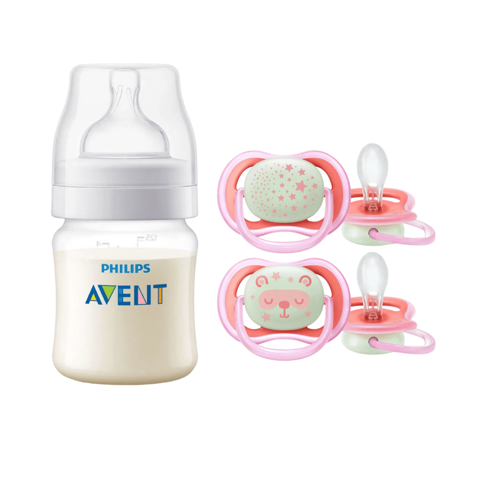 Pack Mamadera Anticolic 125 ml + 2 Chupetes 6-18m Nocturnos Pink 1 Pack Mamadera Anticolic 125 ml + 2 Chupetes 6-18m Nocturnos Pink