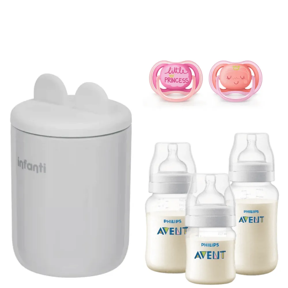 Kit Esencial para Bebé Calentador Milan, 3 Mamaderas y 2 Chupetes Rosa decorados Avent 1 Kit Esencial para Bebé Calentador Milan, 3 Mamaderas y 2 Chupetes Rosa decorados Avent