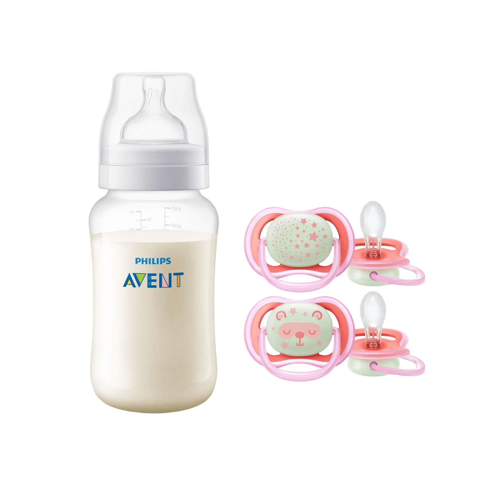 Mamadera Anticolic 330 ml + 2 Chupetes 6-18m Nocturnos Pink 1 Mamadera Anticolic 330 ml + 2 Chupetes 6-18m Nocturnos Pink