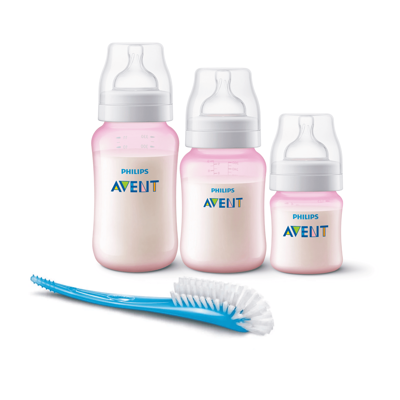 Set 3 Mamaderas Anticolic Pink + Cepillo Limpiador Blue 1 Set 3 Mamaderas Anticolic Pink + Cepillo Limpiador Blue