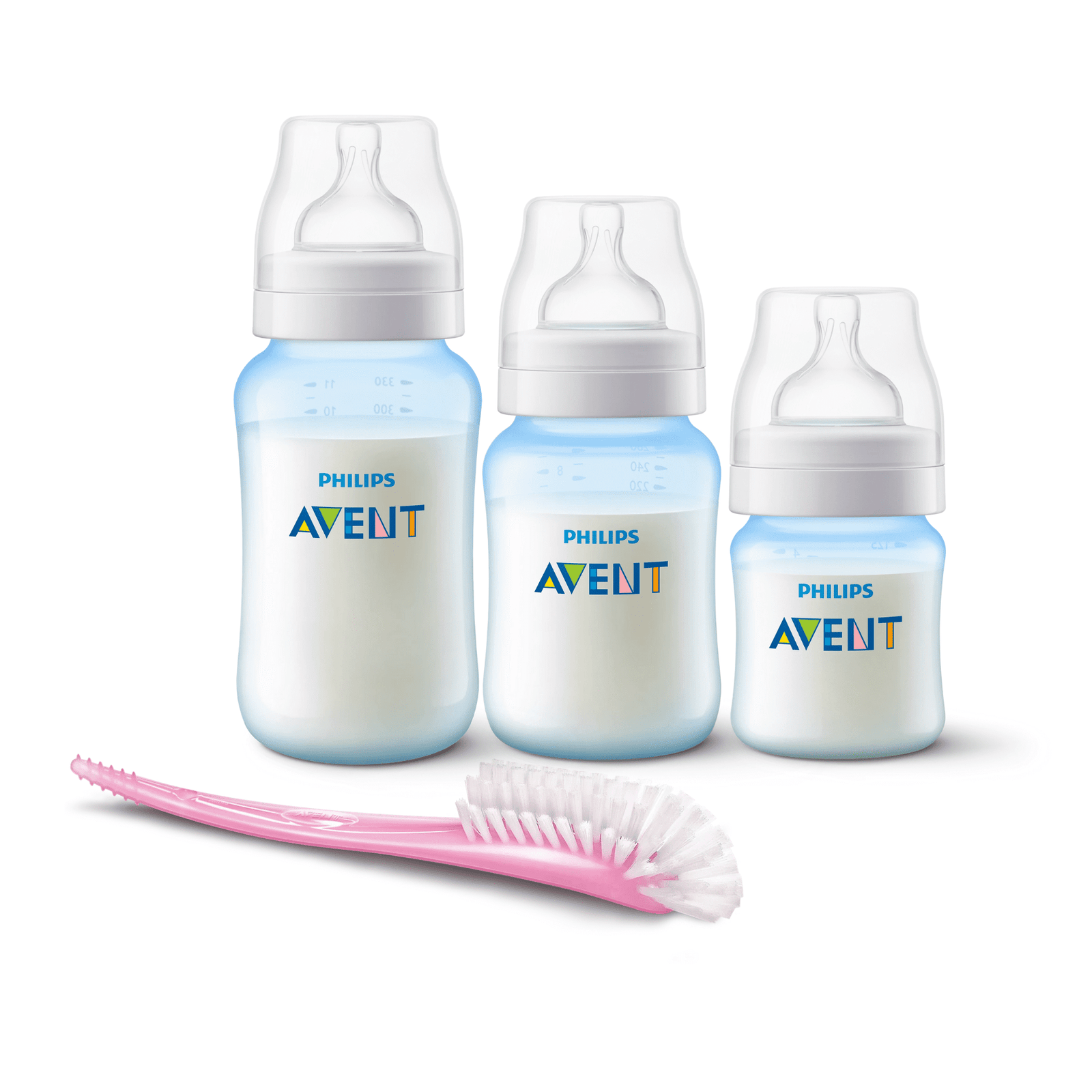 Set 3 Mamaderas Anticolic Blue + Cepillo Limpiador Pink 1 Set 3 Mamaderas Anticolic Blue + Cepillo Limpiador Pink