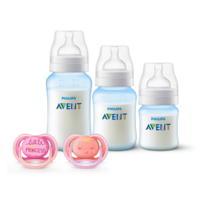 Set 3 Mamaderas Blue + Set de 2 chupetes 6-18 meses Pink Decorado