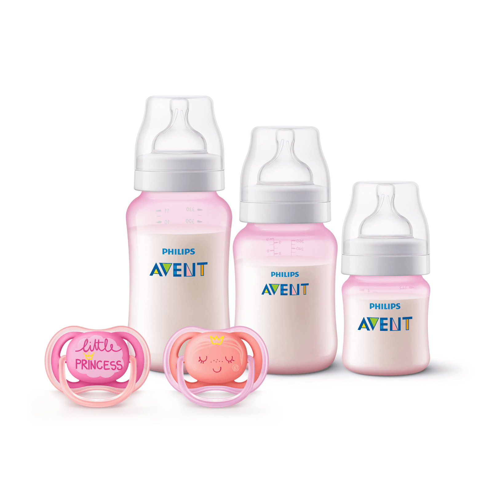 Set 3 Mamaderas Pink + Set de 2 chupetes 6-18 meses Pink decorado 1 Set 3 Mamaderas Pink + Set de 2 chupetes 6-18 meses Pink decorado