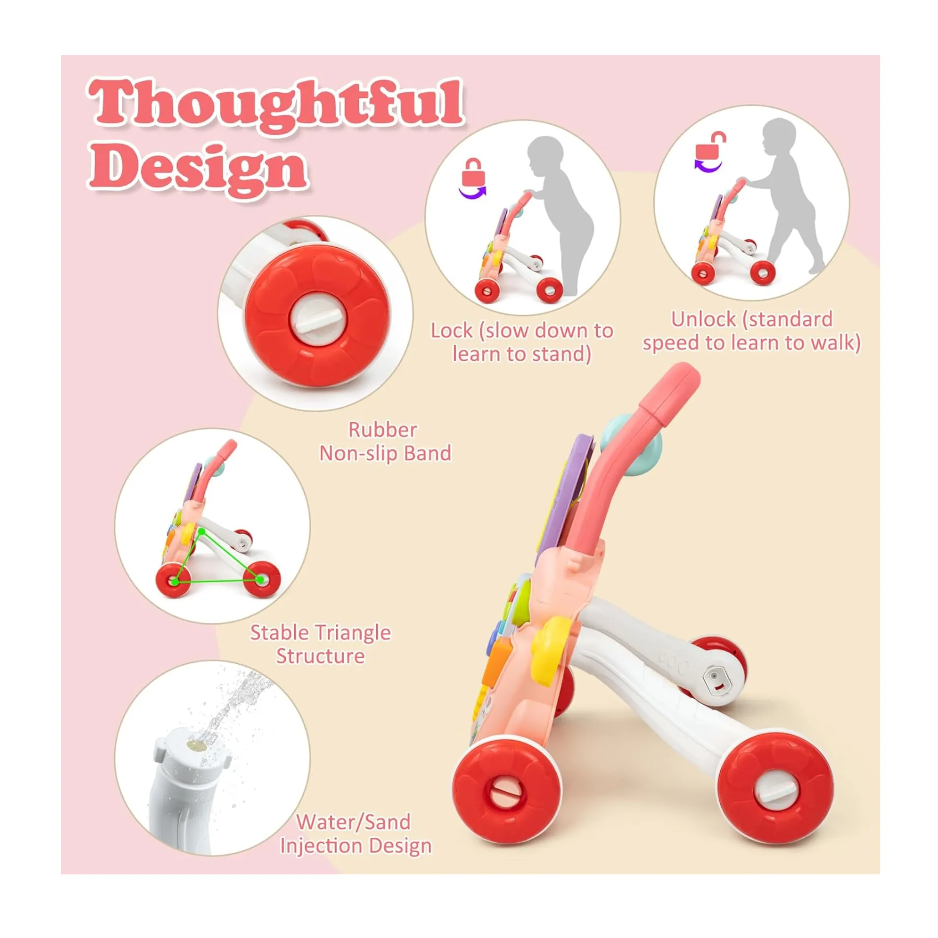 Andador caminador bebe juguete interactivo luz sonido rosado 5 Andador caminador bebe juguete interactivo luz sonido rosado - Imagen 5