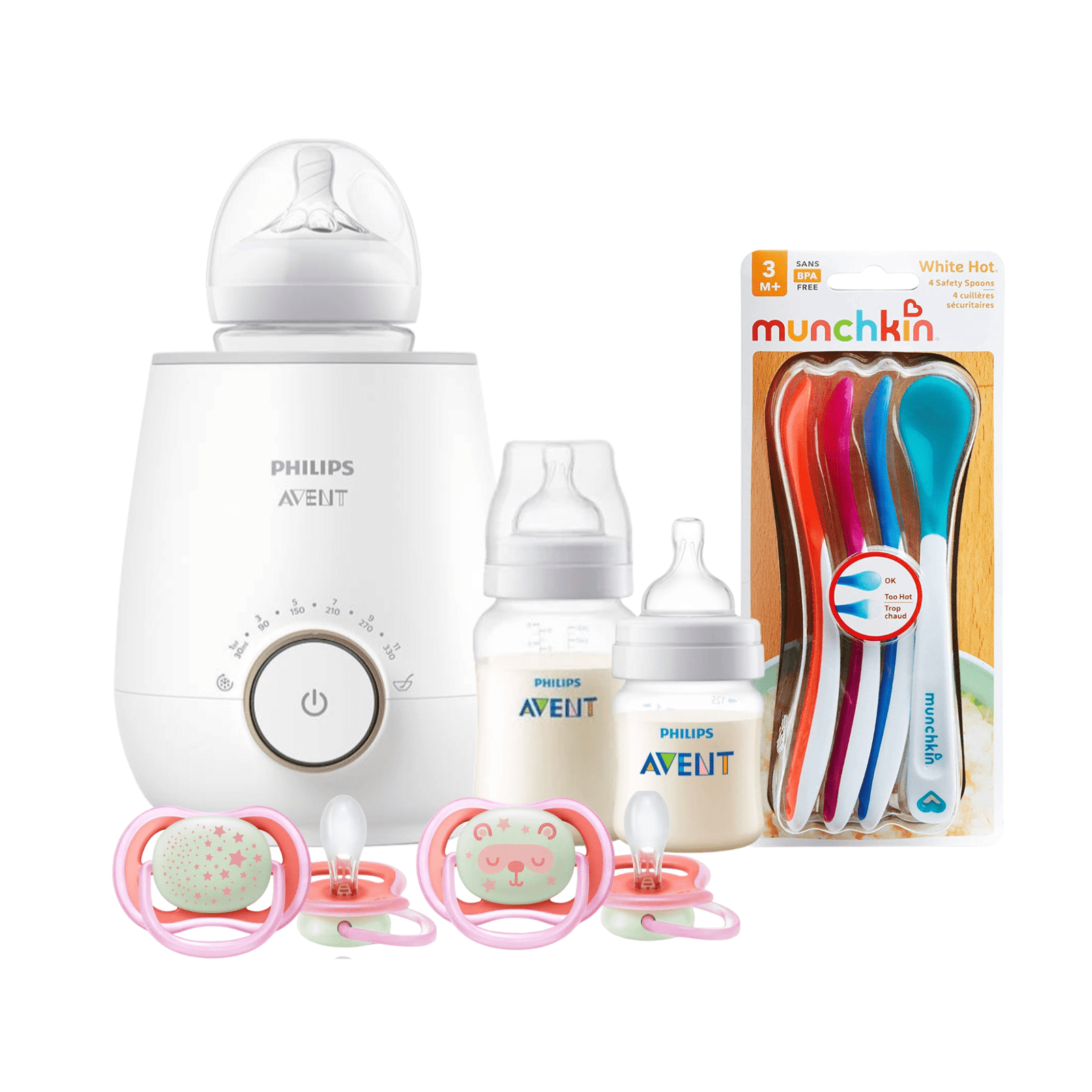 Pack Calentador Avent-Mamaderas 125,260 ml - Cucharas sensibles- Chupetes 6-18 meses 1 Pack Calentador Avent-Mamaderas 125,260 ml - Cucharas sensibles- Chupetes 6-18 meses