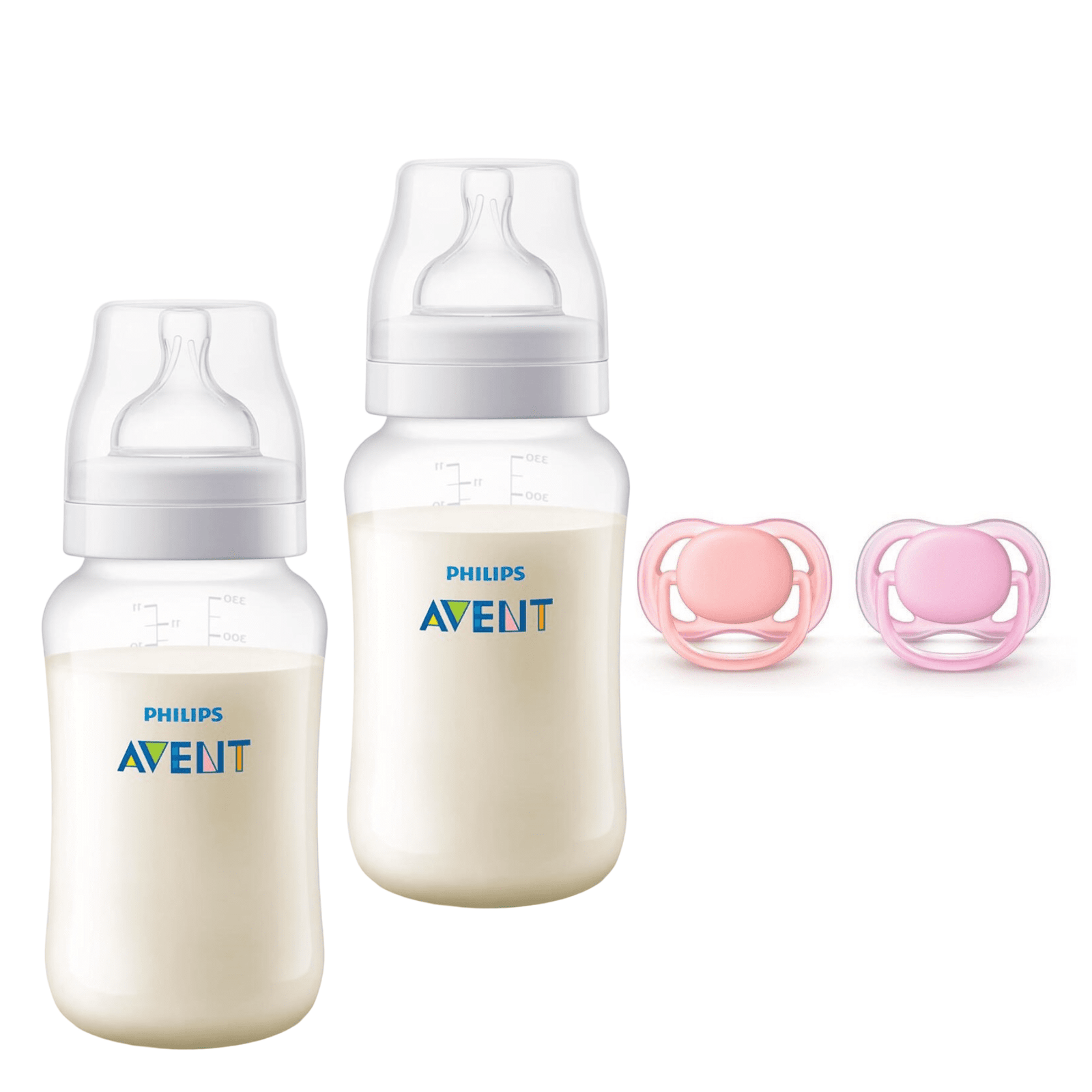 Pack 2 Mamaderas Anticolic 330 ml + 2 Chupetes 6-18m Pink 1 Pack 2 Mamaderas Anticolic 330 ml + 2 Chupetes 6-18m Pink