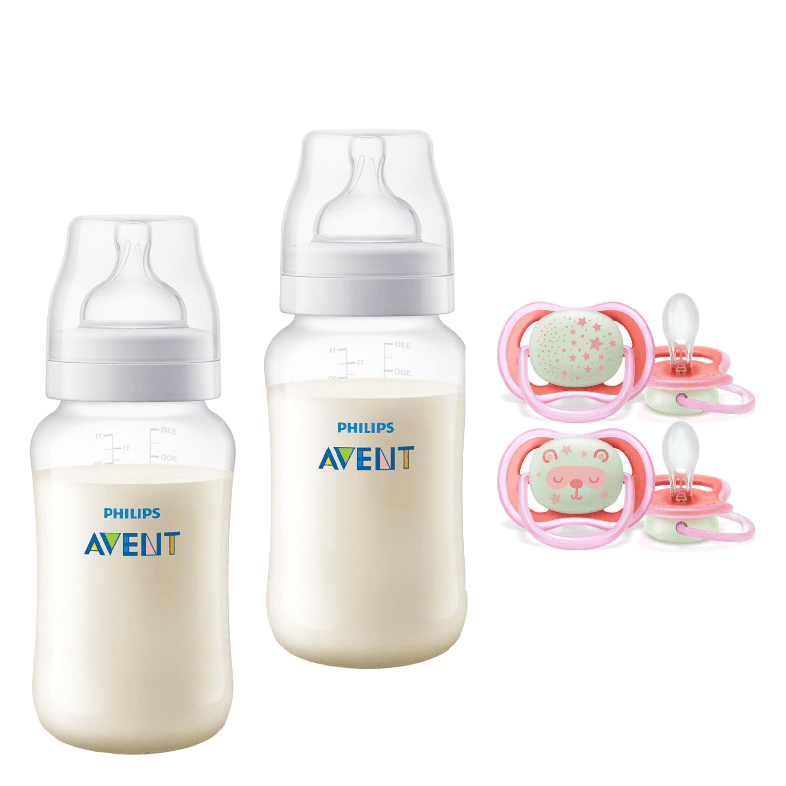 Pack 2 Mamaderas Anticolic 330 ml + 2 Chupetes 6-18m Nocturnos 1 Pack 2 Mamaderas Anticolic 330 ml + 2 Chupetes 6-18m Nocturnos