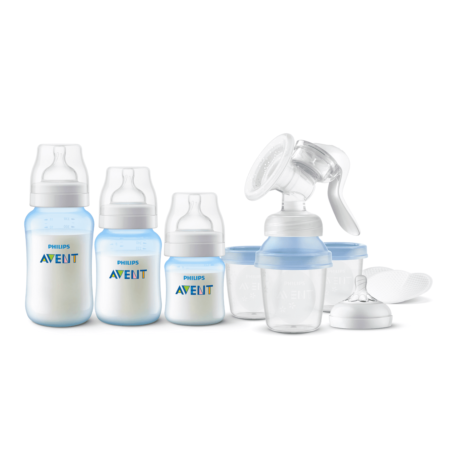 Extractor de leche manual Avent + Set de 3 mamaderas Blue 1 Extractor de leche manual Avent + Set de 3 mamaderas Blue