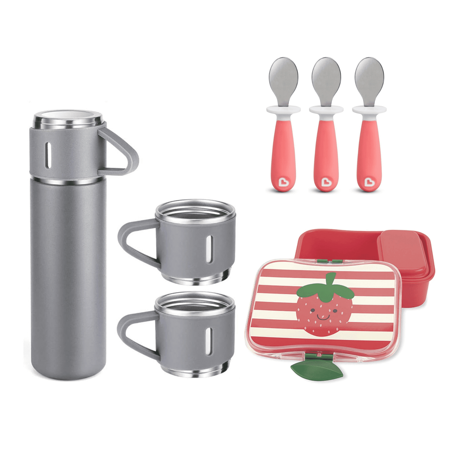 Set super lonchera + termo con 3 tasas gris + 3 cucharas 1 Set super lonchera + termo con 3 tasas gris + 3 cucharas